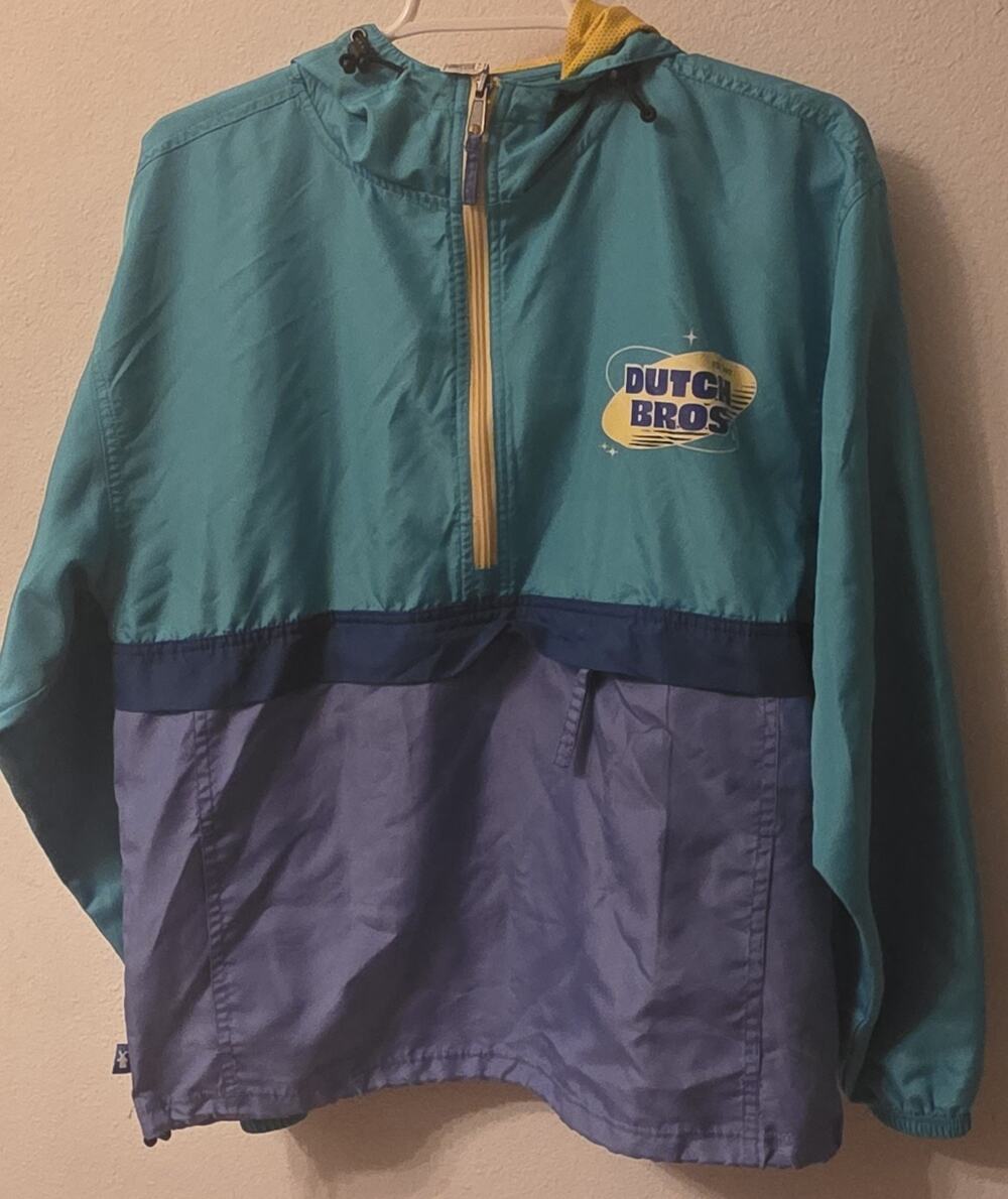 Dutch Bros Coffee Windbreaker Teal Blue Colorblock Quarter Zip Hooded Jacket M
